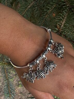 Silver Elephant Charm Bangle Bracelet - Women Jewelry